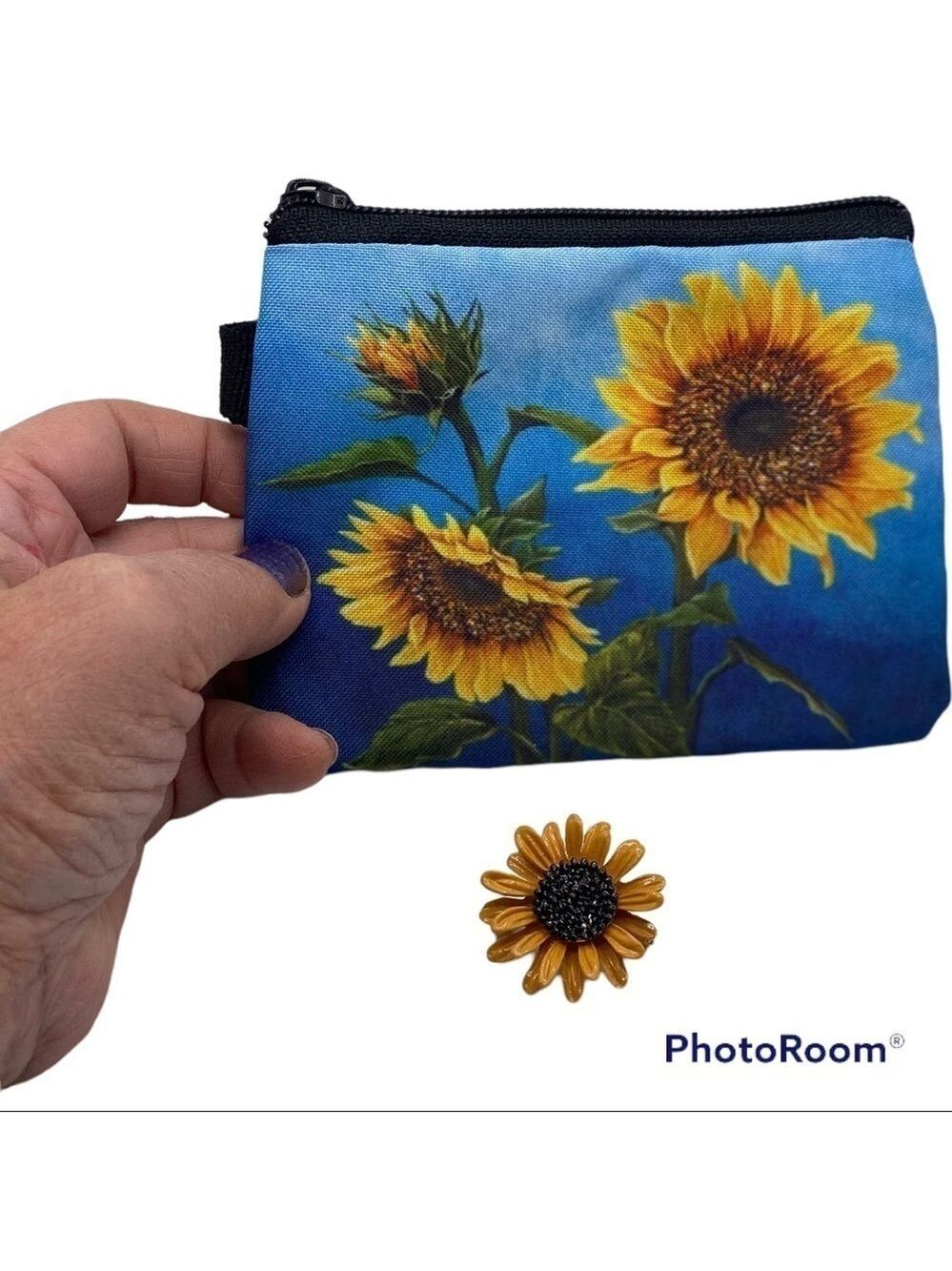 Sunflower Brooch & Pocket Zipper Micro Purse Coins or Credit Cards NWT